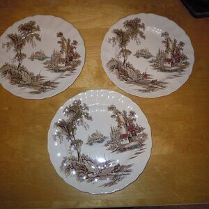 3 Vintage Johnson Brothers The Old Mill 10" Dinner Plates EXC COND